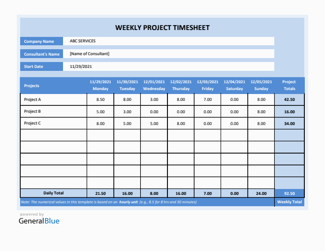 Project Timesheet in Excel (Blue)
