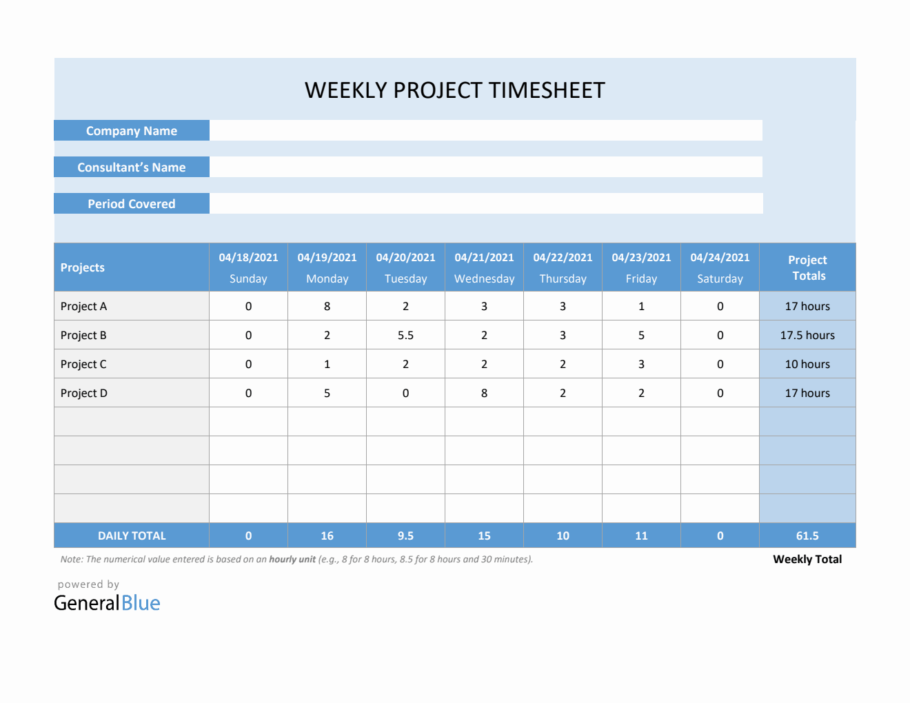 Project Timesheet in Word (Blue)