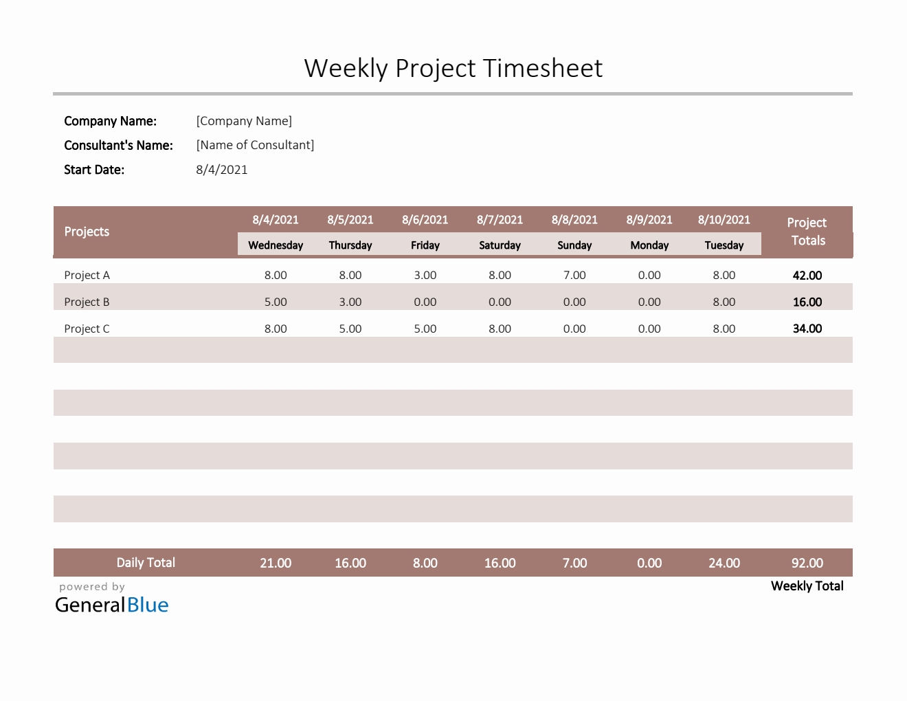 Project Timesheet in Excel (Colorful)