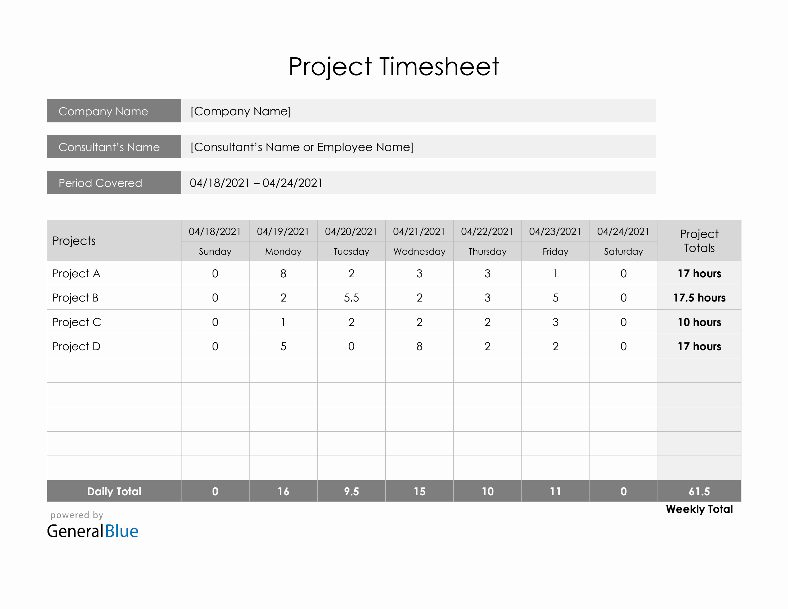 Project Timesheet In Word Printable