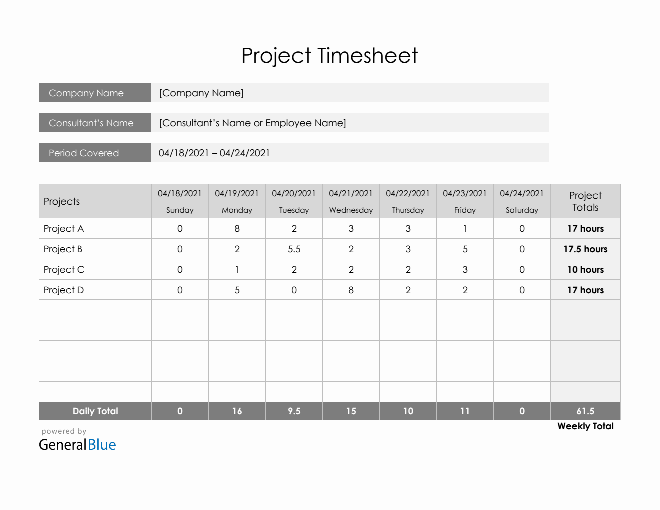 Project Timesheet in Word (Printable)
