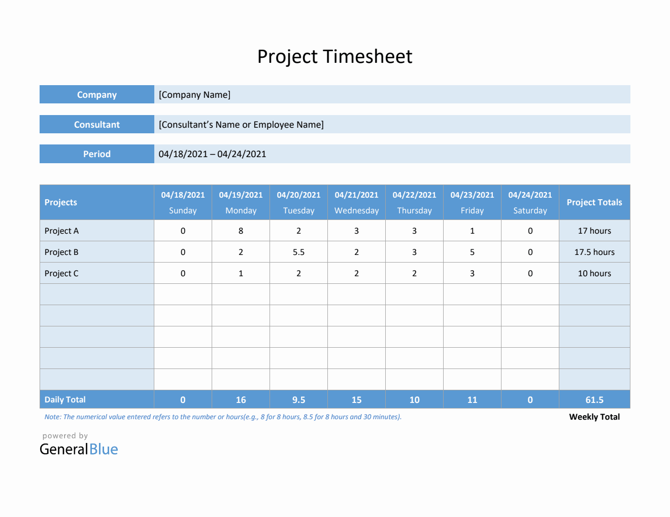 Project Timesheet in Word (Basic)
