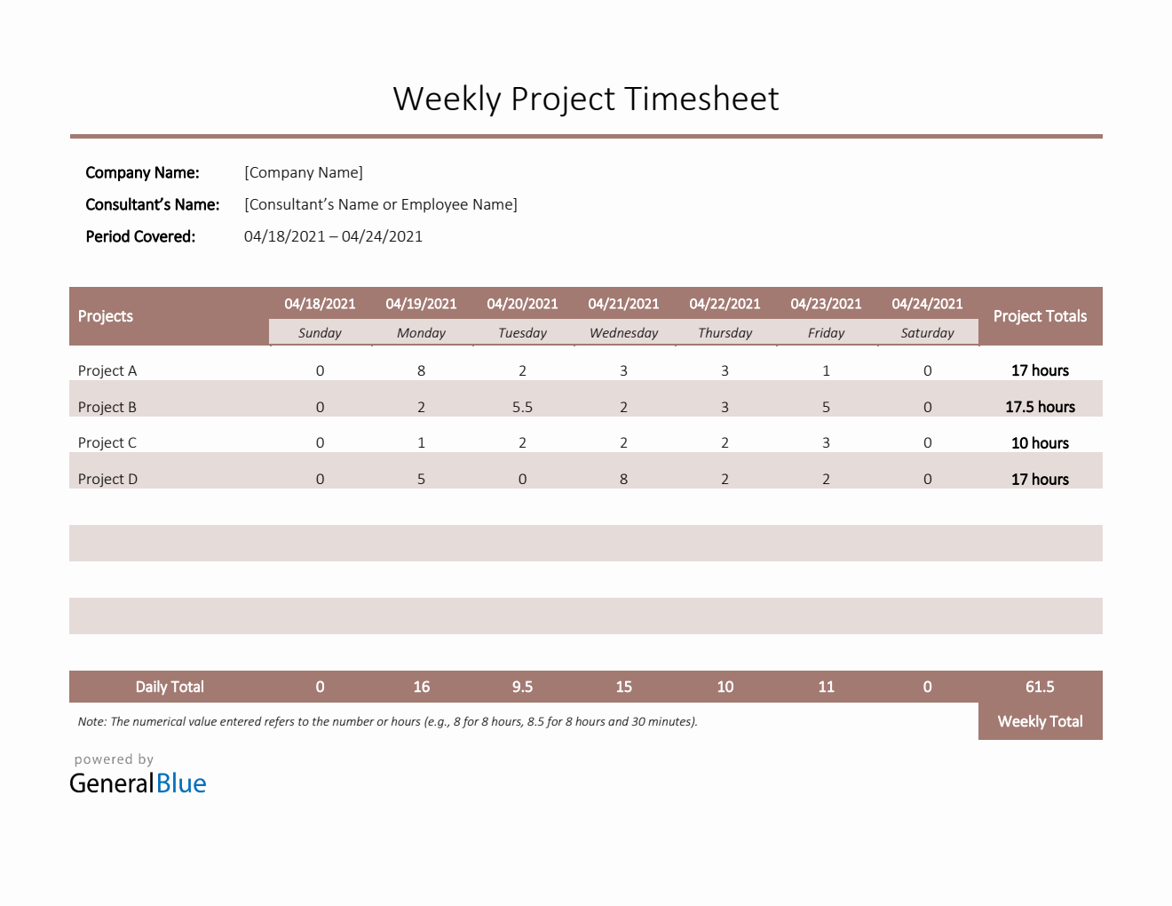 Project Timesheet in Word (Colorful)