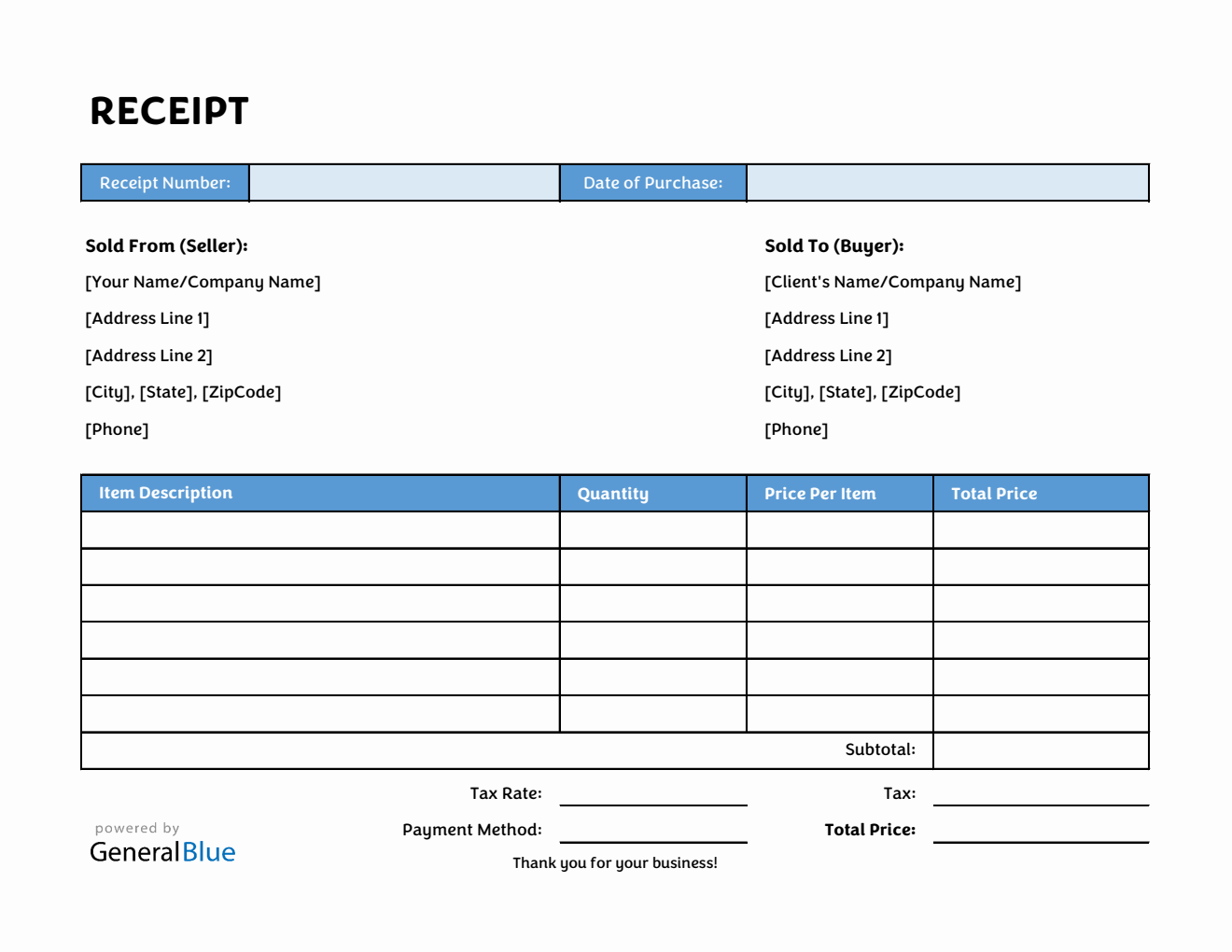 Free Receipt Template in Excel (Blue)