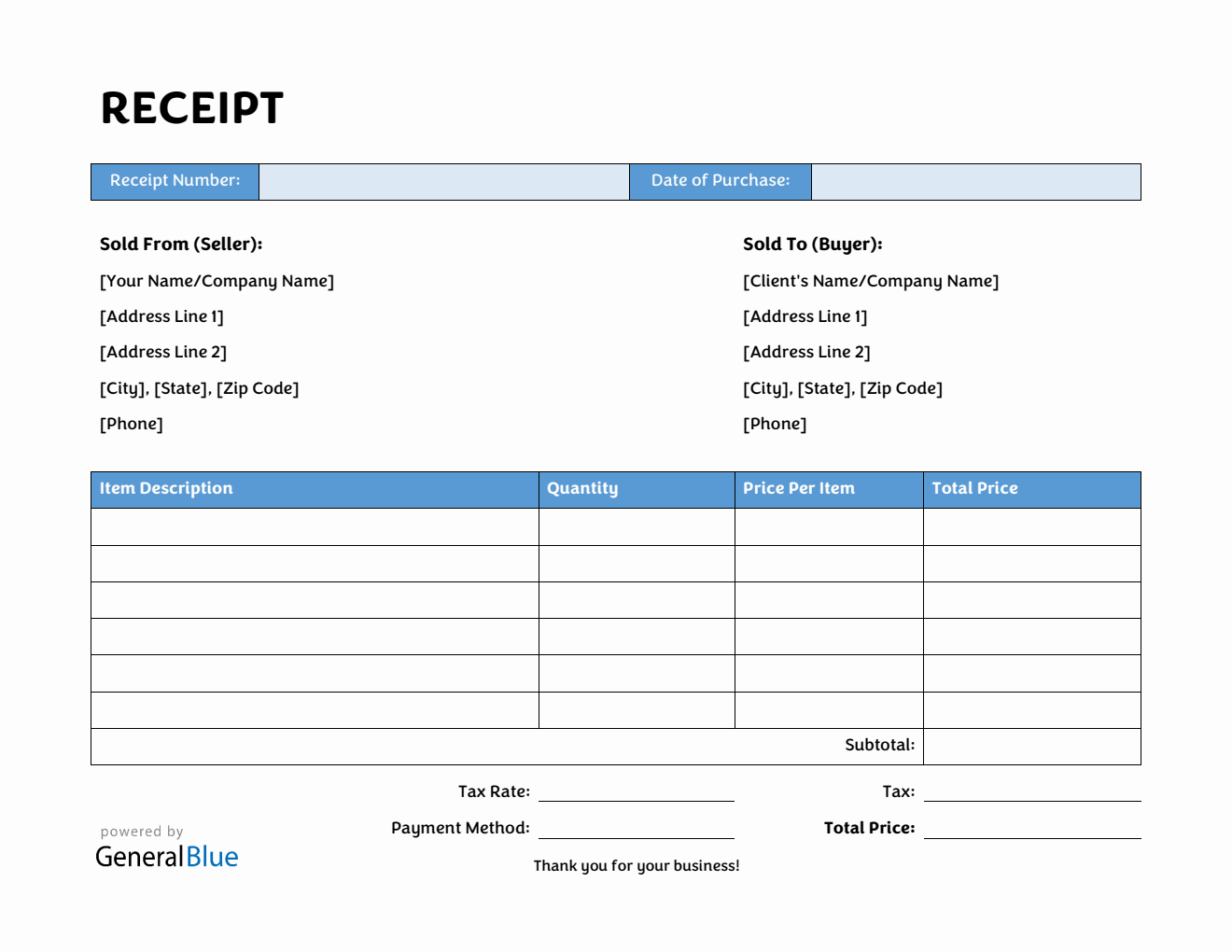 Free Receipt Template in Word (Blue)