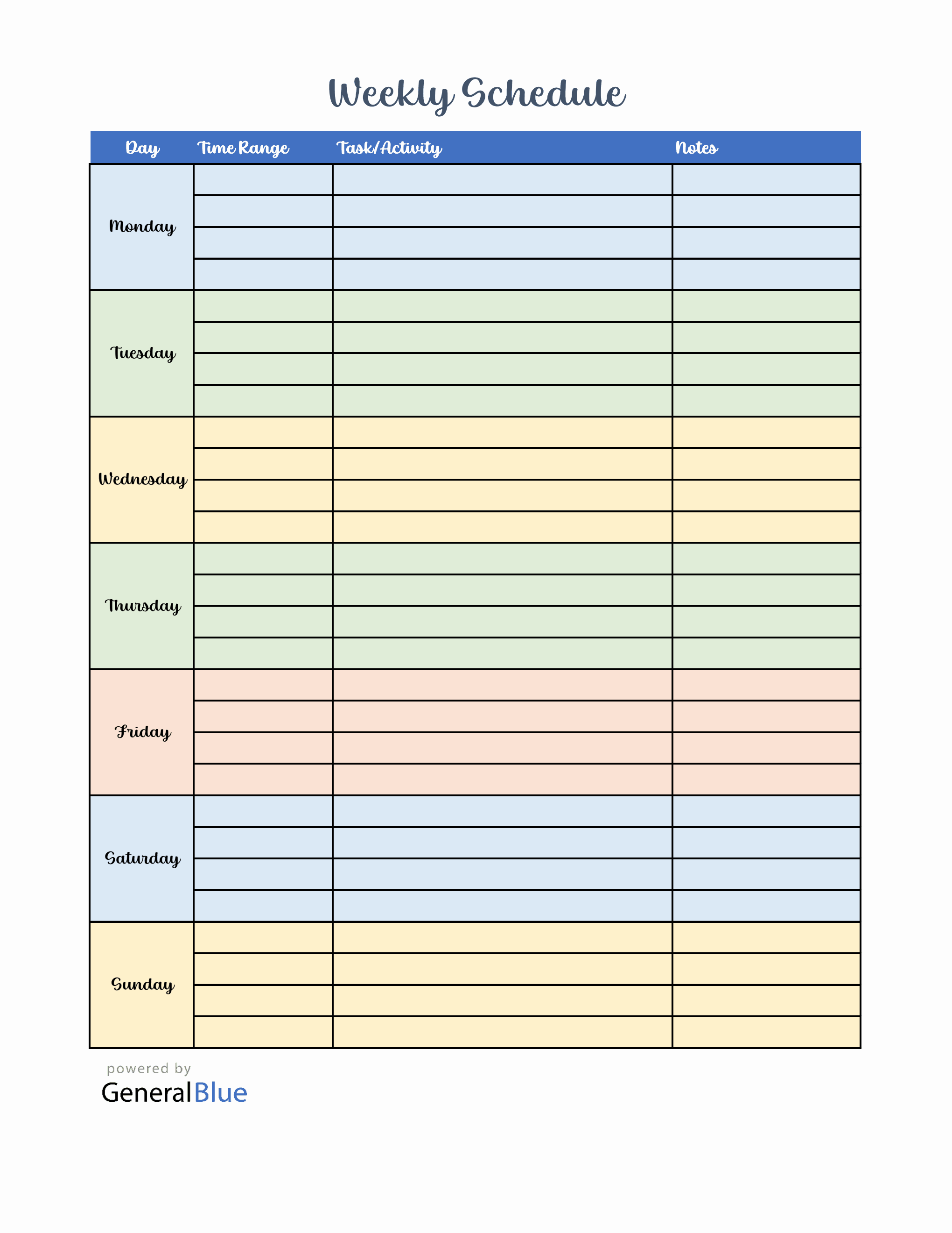 Free Weekly Schedule Template in Excel (Colorful)
