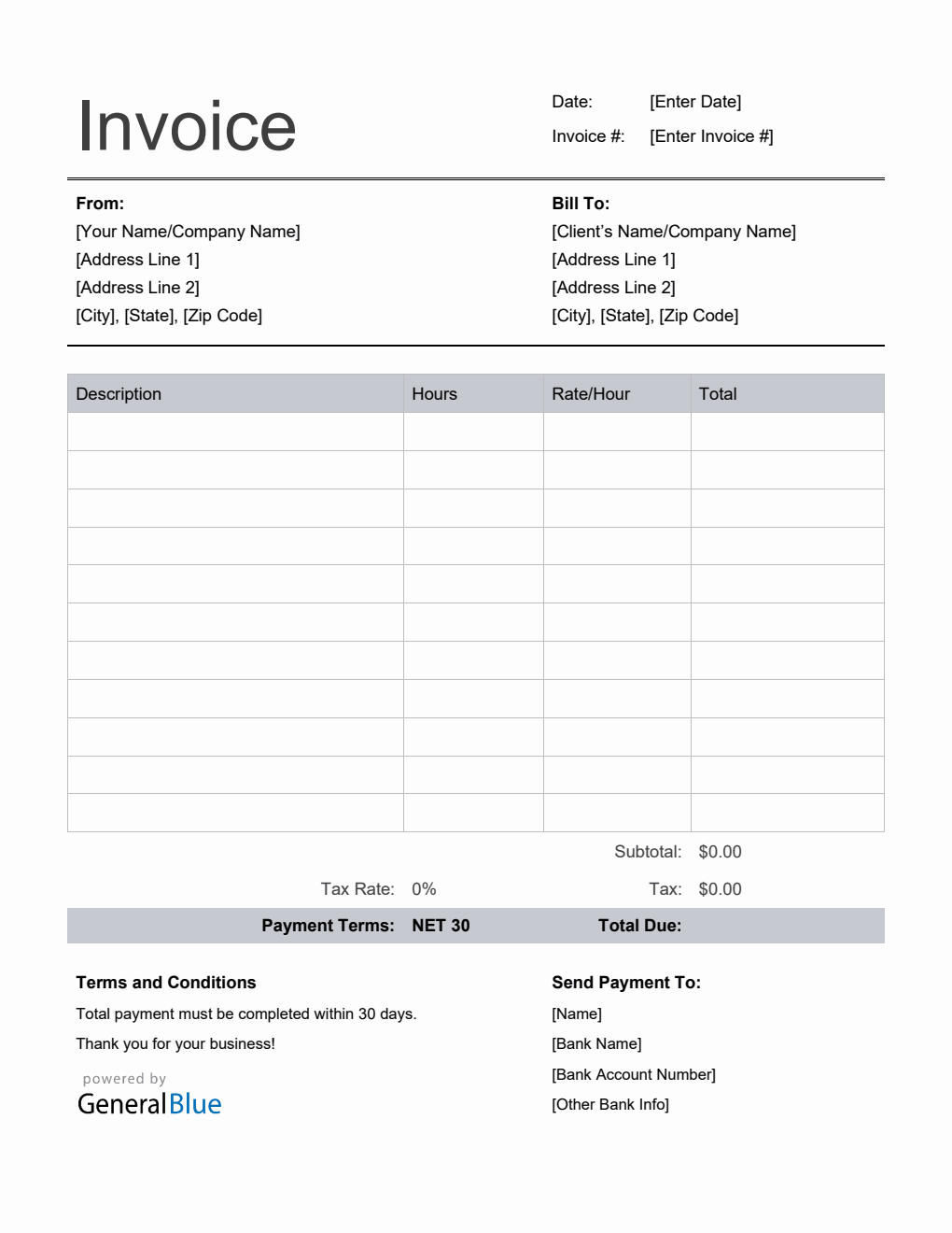 Freelance Hourly Invoice with Tax Calculation in Word (Basic)