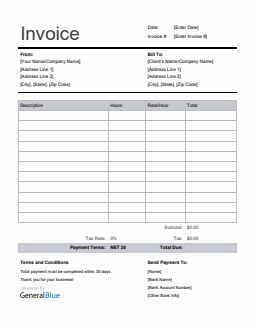 Freelance Hourly Invoice with Tax Calculation in PDF (Basic)
