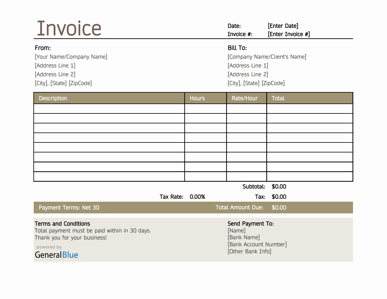 Freelance Hourly Invoice with Tax Calculation in Excel (Simple)