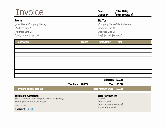 Freelance Hourly Invoice with Tax Calculation in Excel (Simple)