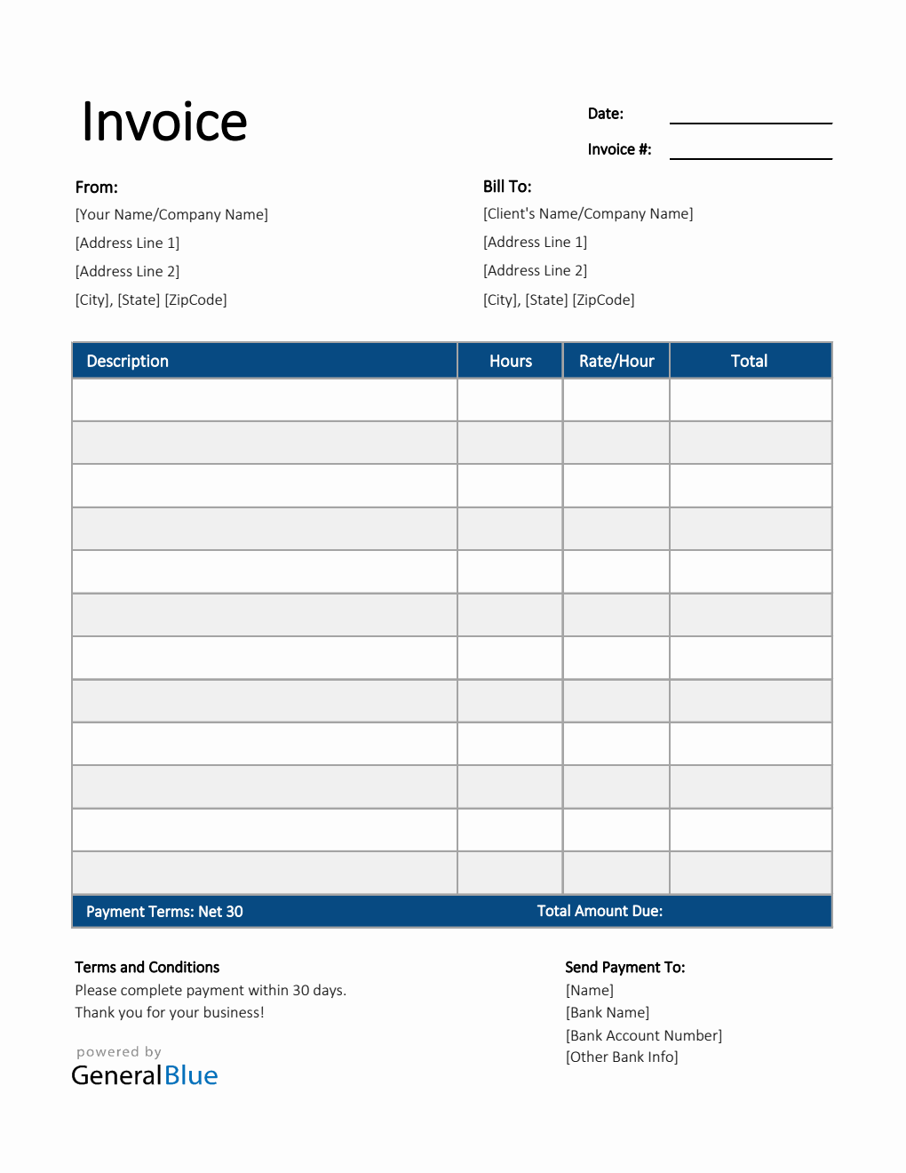 Freelance Hourly Invoice Template in Excel (Striped)