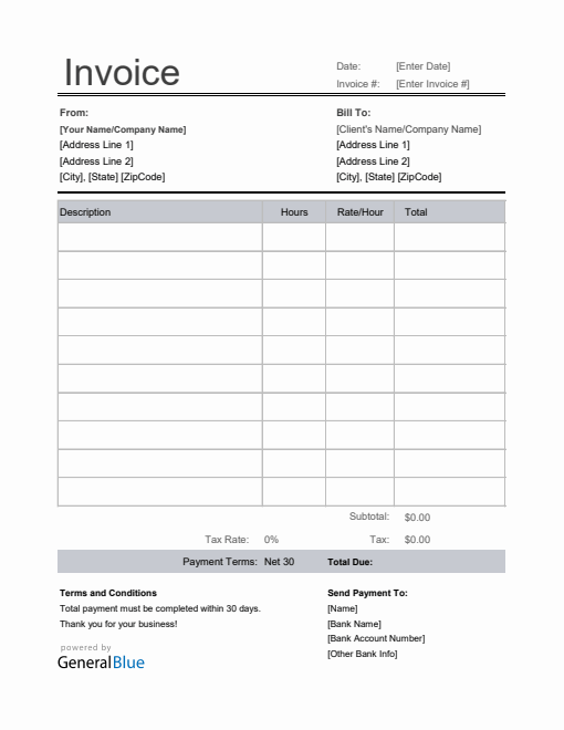 Freelance Hourly Invoice with Tax Calculation in Excel (Basic)