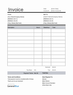 Freelance Hourly Invoice with Tax Calculation in Excel (Basic)