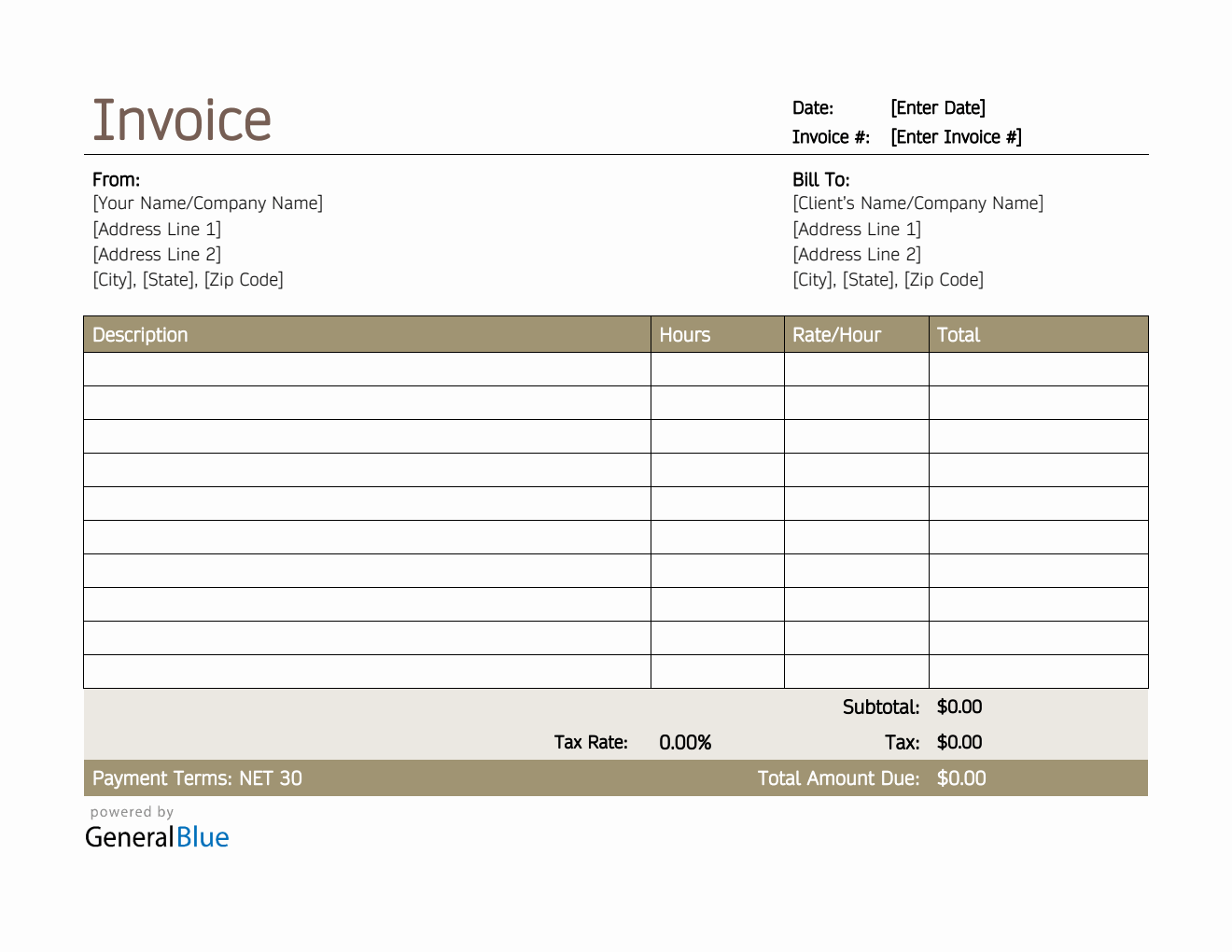 Blank Invoice Template Hourly