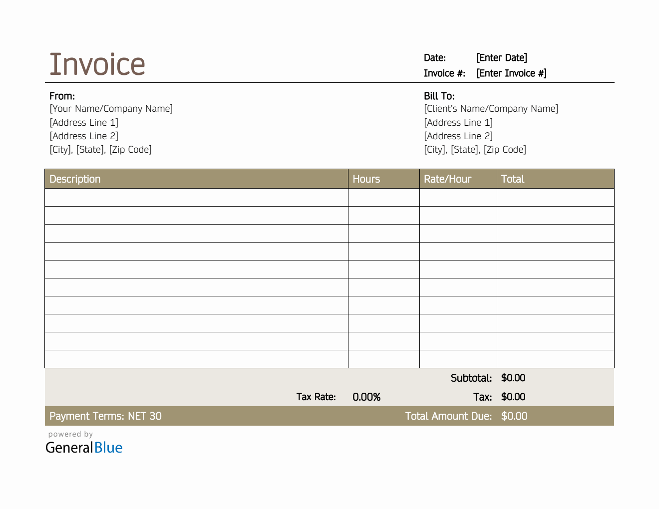 Freelance Hourly Invoice with Tax Calculation in Word (Simple)