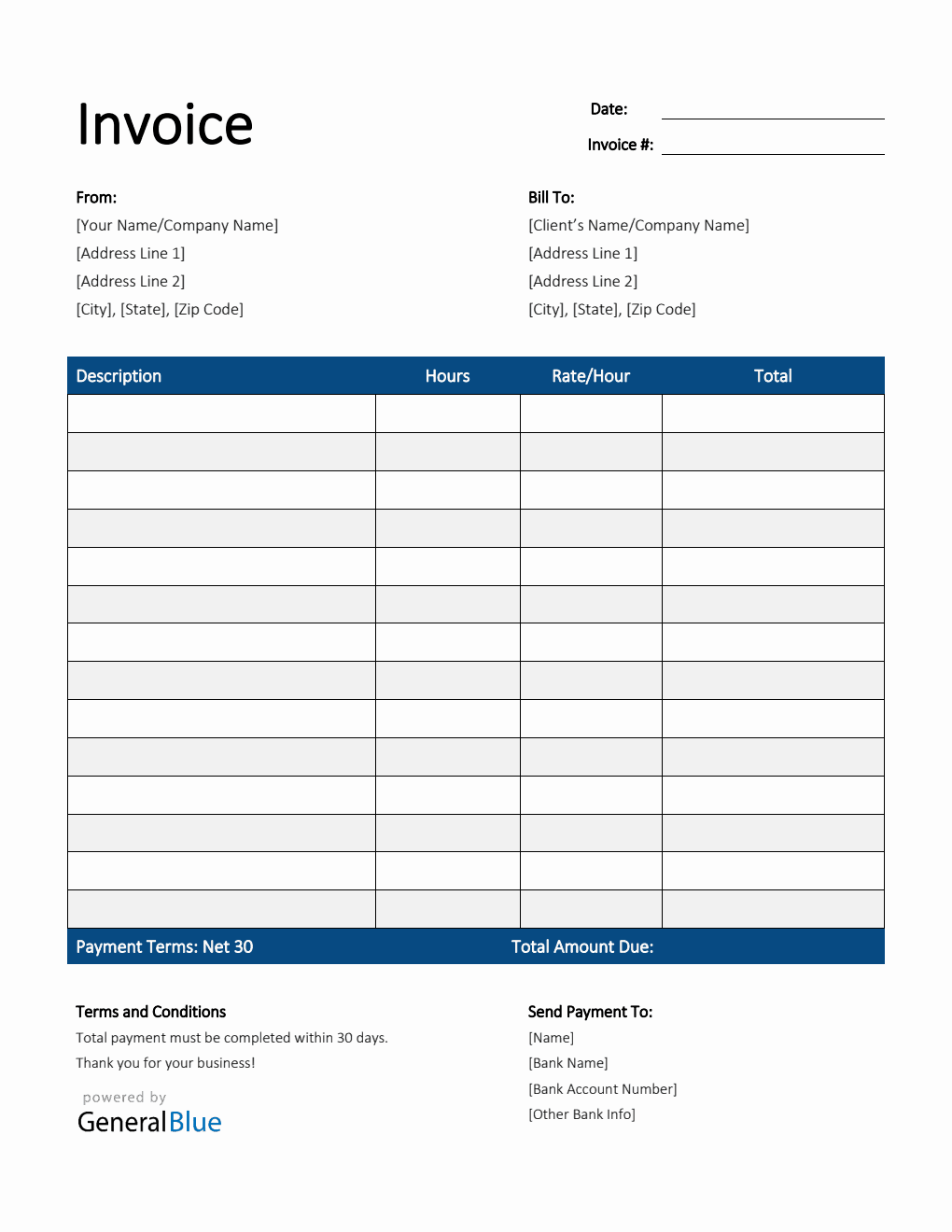 Freelance Hourly Invoice Template in Excel (Striped) Freelance Hourly Invoice Template in Excel (Striped)