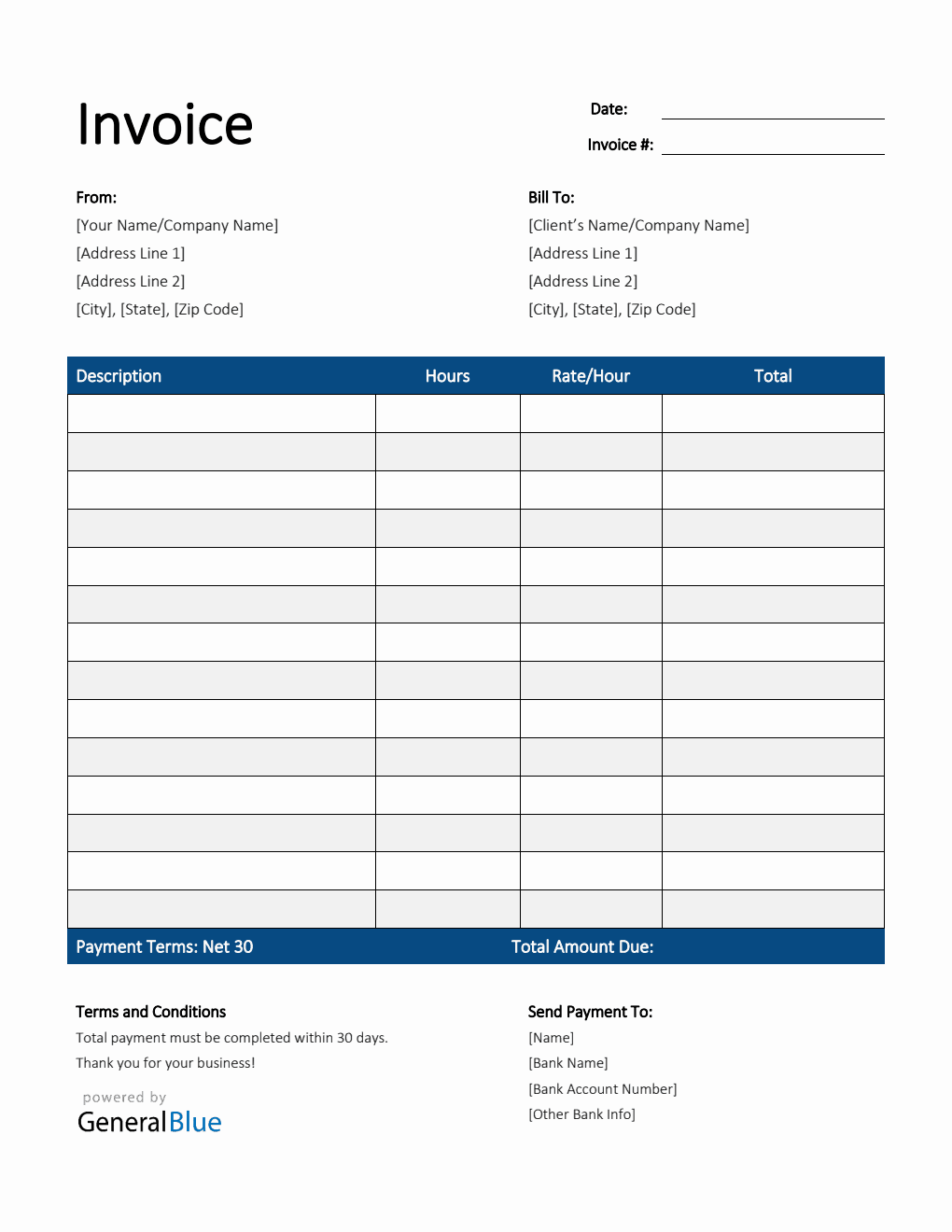 Freelance Hourly Invoice Template in Word (Striped)