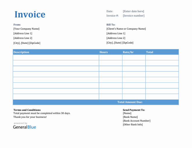 Invoice Template for U.S. Freelancers in Excel (Printable)