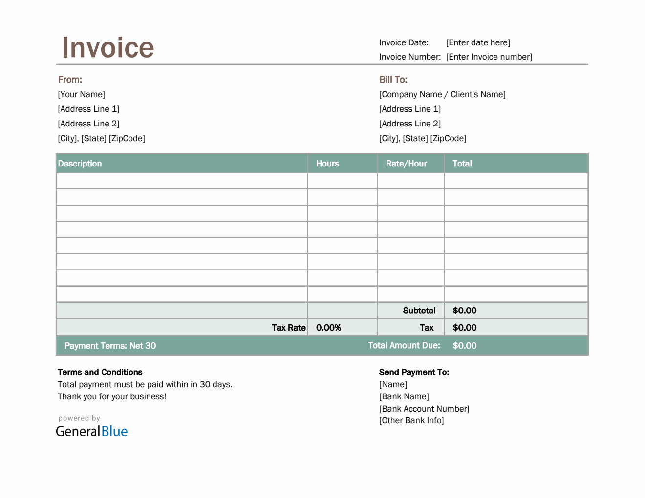 Excel Invoice Template for U.S. Freelancers With Tax calculation (Green)