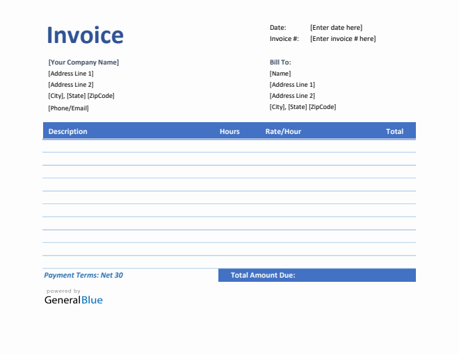 Invoice Template for U.S. Freelancers in Excel (Highlighted)