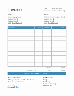 Excel Invoice Template for U.S. Freelancers With Tax calculation (Blue)