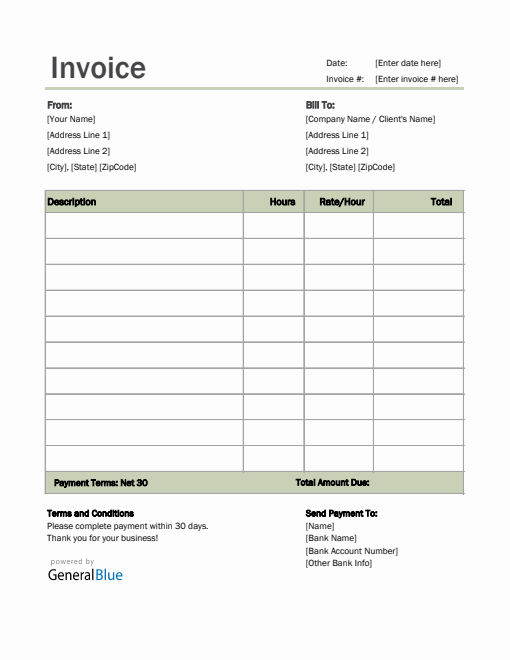 Invoice Template for U.S. Freelancers in Excel (Simple)