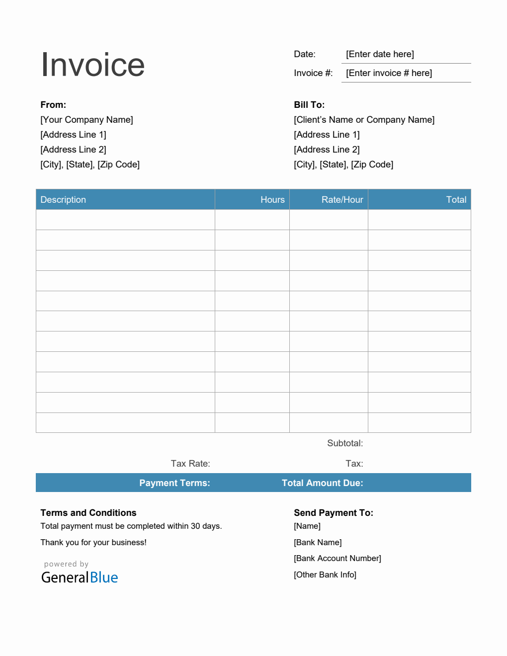 Word Invoice Template for U.S. Freelancers With Tax (Blue)
