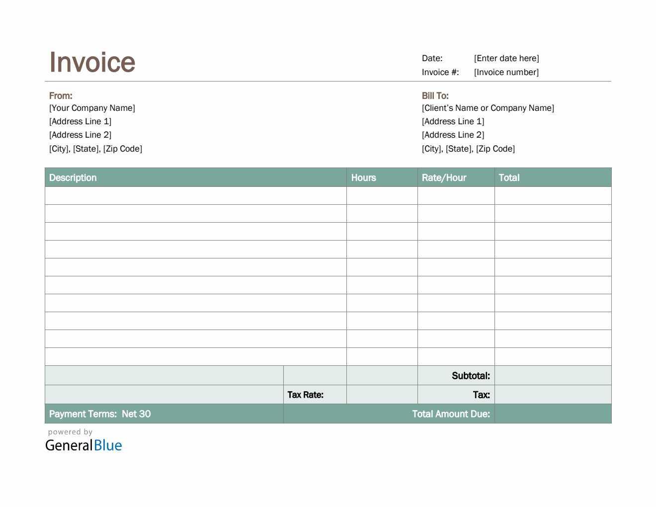 Word Invoice Template for U.S. Freelancers With Tax (Green)