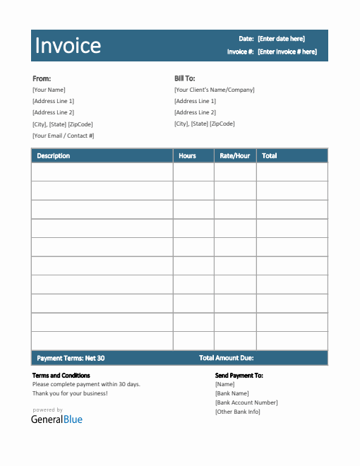Invoice Template for U.S. Freelancers in Excel (Colorful)