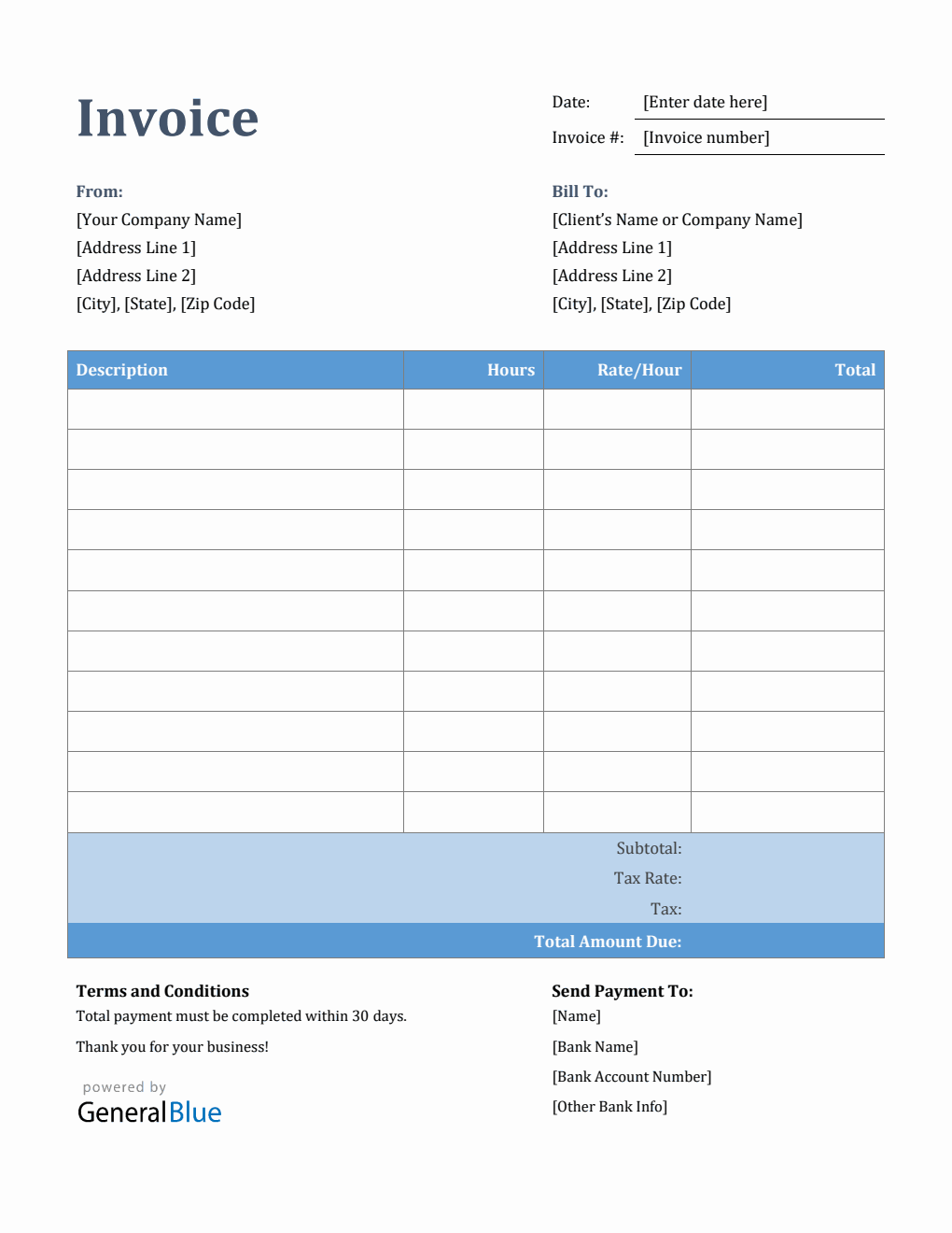 Word Invoice Template for U.S. Freelancers With Tax (Colorful)