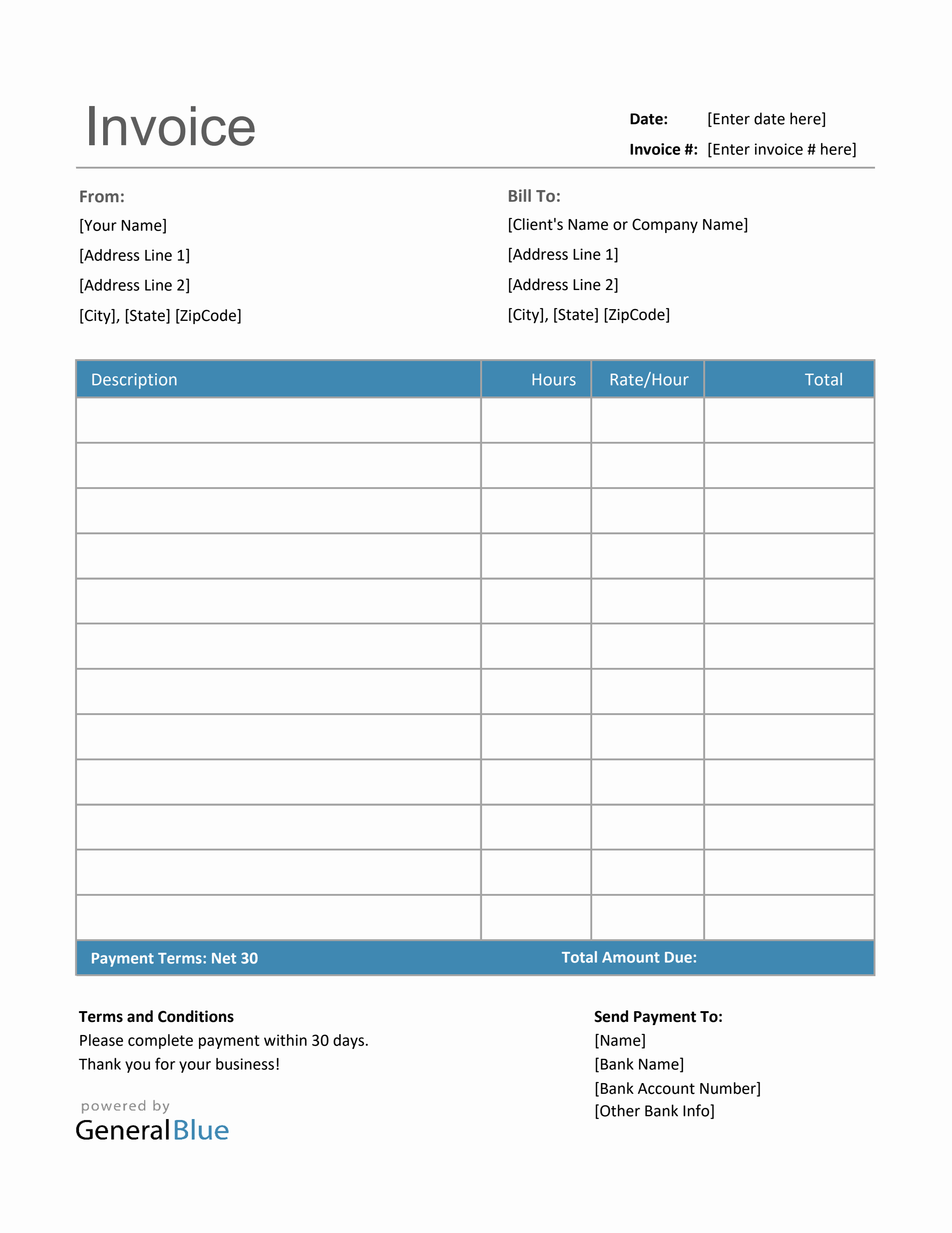 Invoice Template for U.S. Freelancers in Excel (Blue)