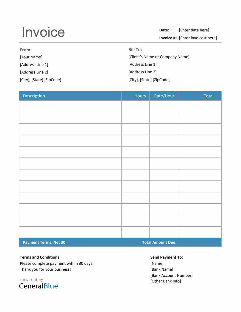 Invoice Template for U.S. Freelancers in Excel (Blue)