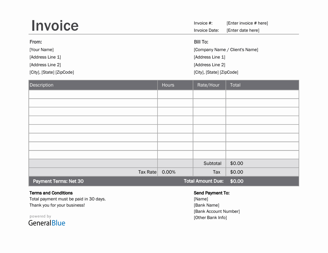 Excel Invoice Template for U.S. Freelancers With Tax calculation (Plain)