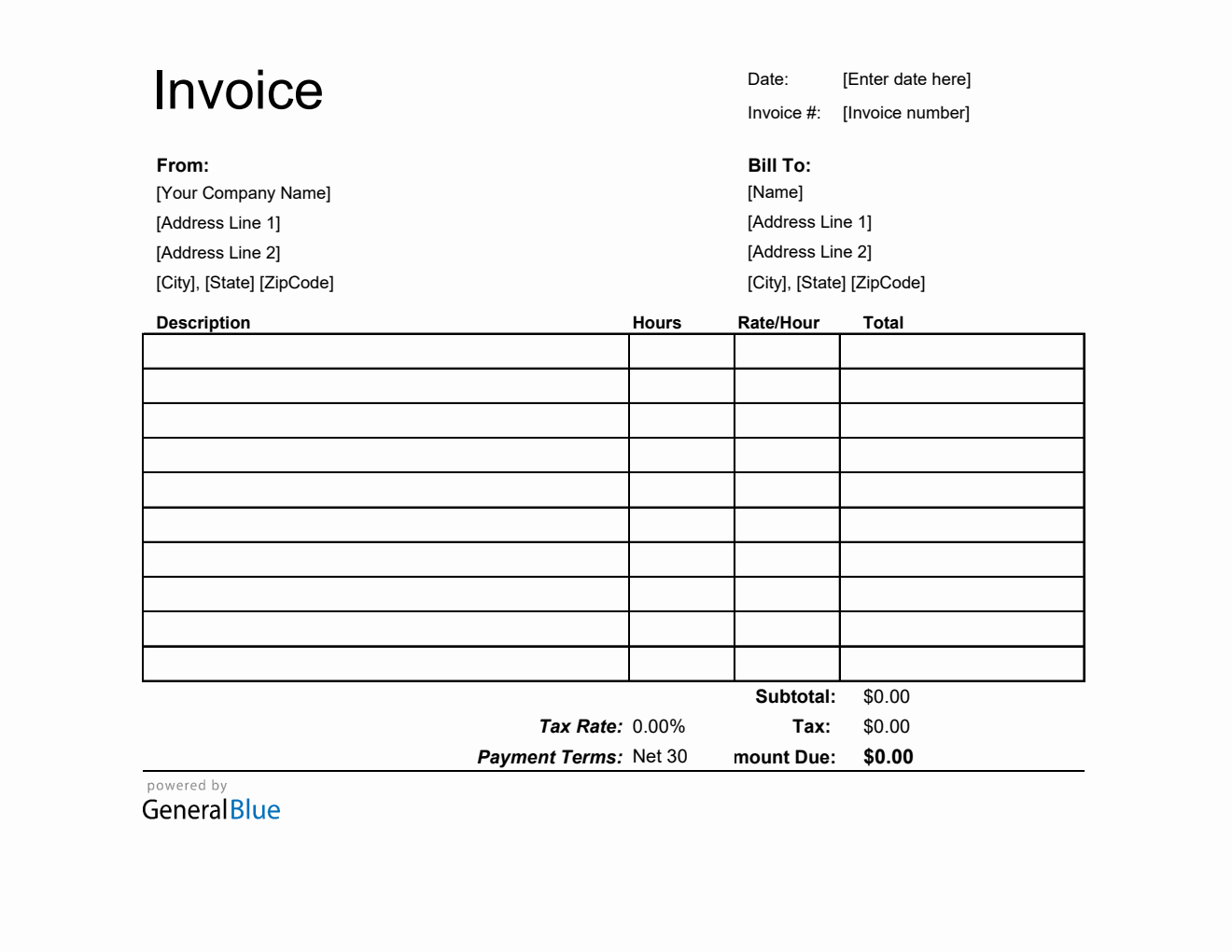 PDF Invoice Template for U.S. Freelancers With Tax calculation (Printable)