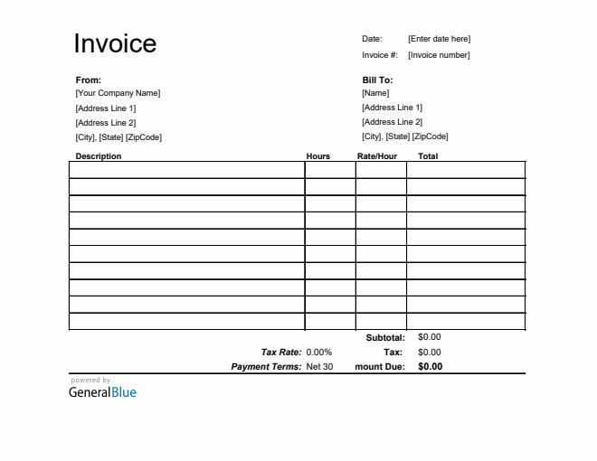 Excel Invoice Template for U.S. Freelancers With Tax calculation (Printable)