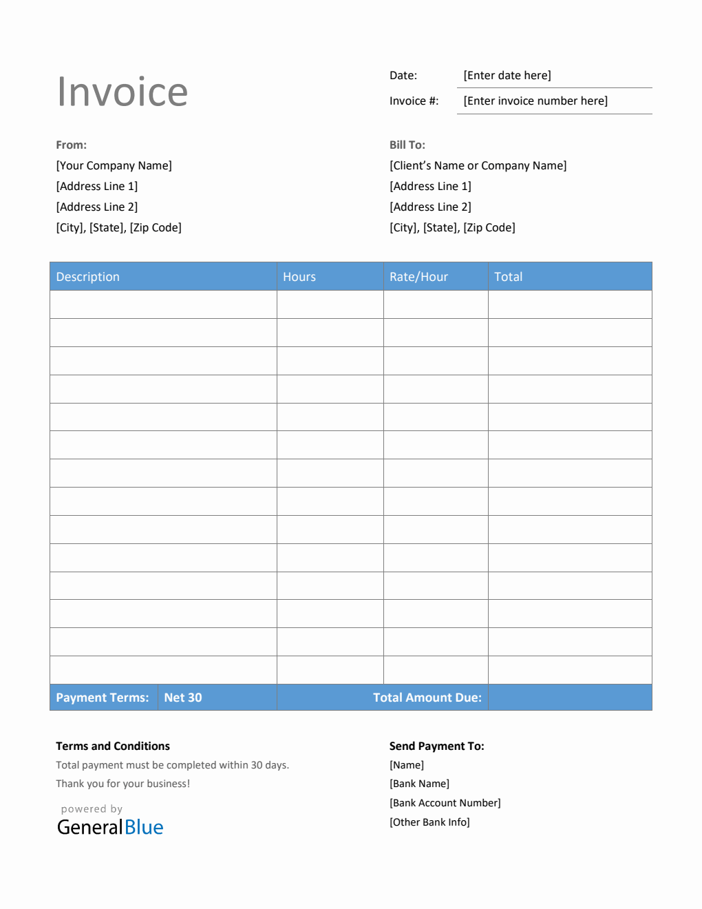 Invoice Template for U.S. Freelancers in Word (Blue)