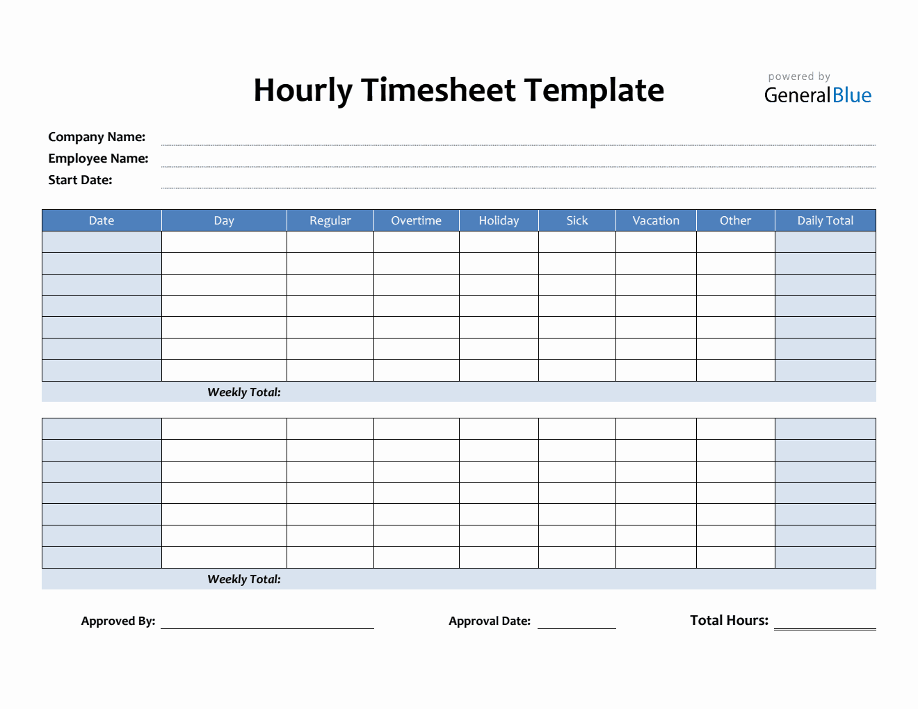 Hourly Timesheet Template in PDF (Blue)