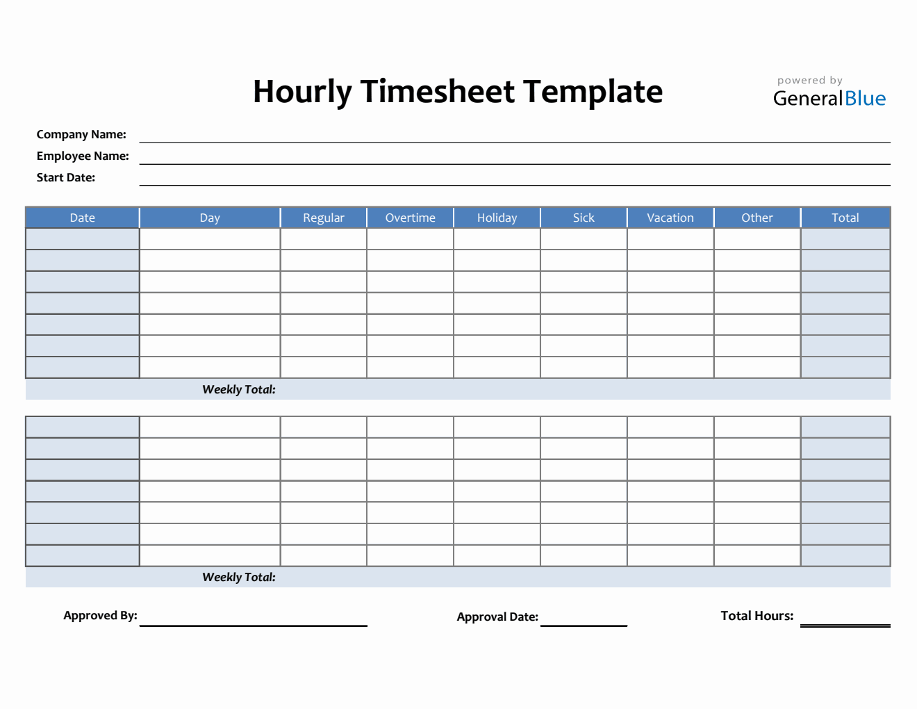 Hourly Timesheet Template in Excel (Blue)