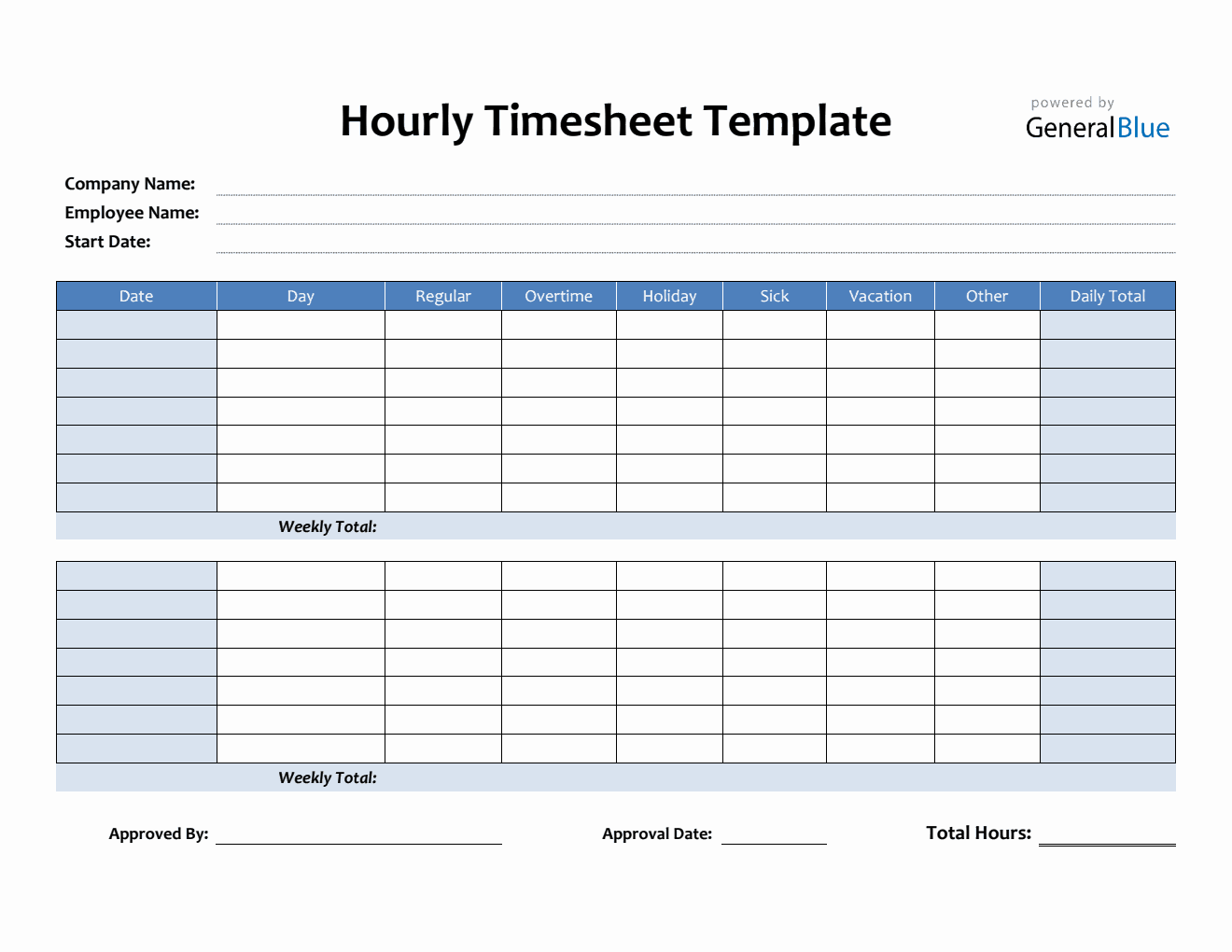 Hourly Timesheet Template in Word (Blue)