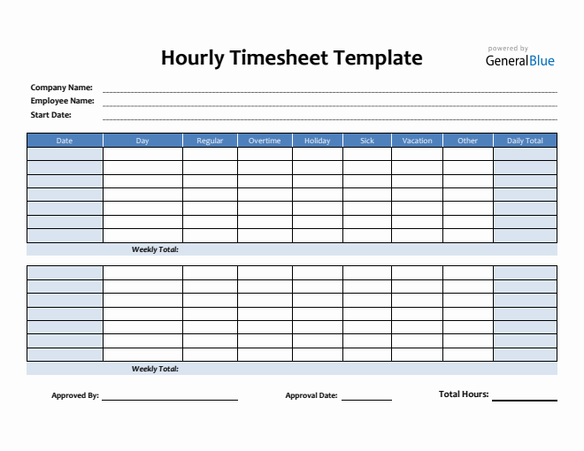 Hourly Timesheet Template in Word (Blue)