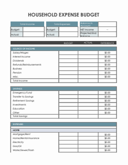 Household Expense Budget Template in Excel