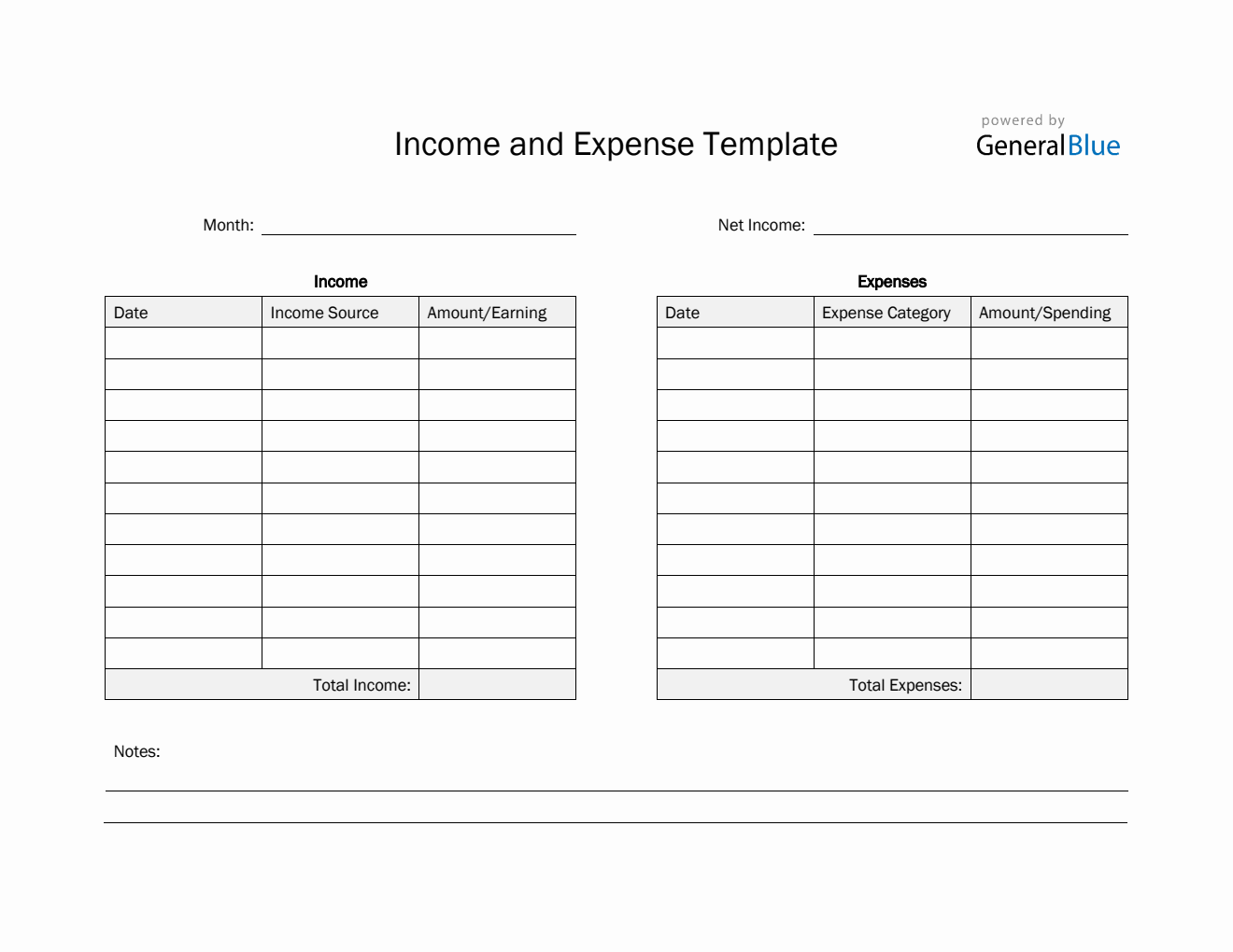 Printable Income and Expense Template in PDF