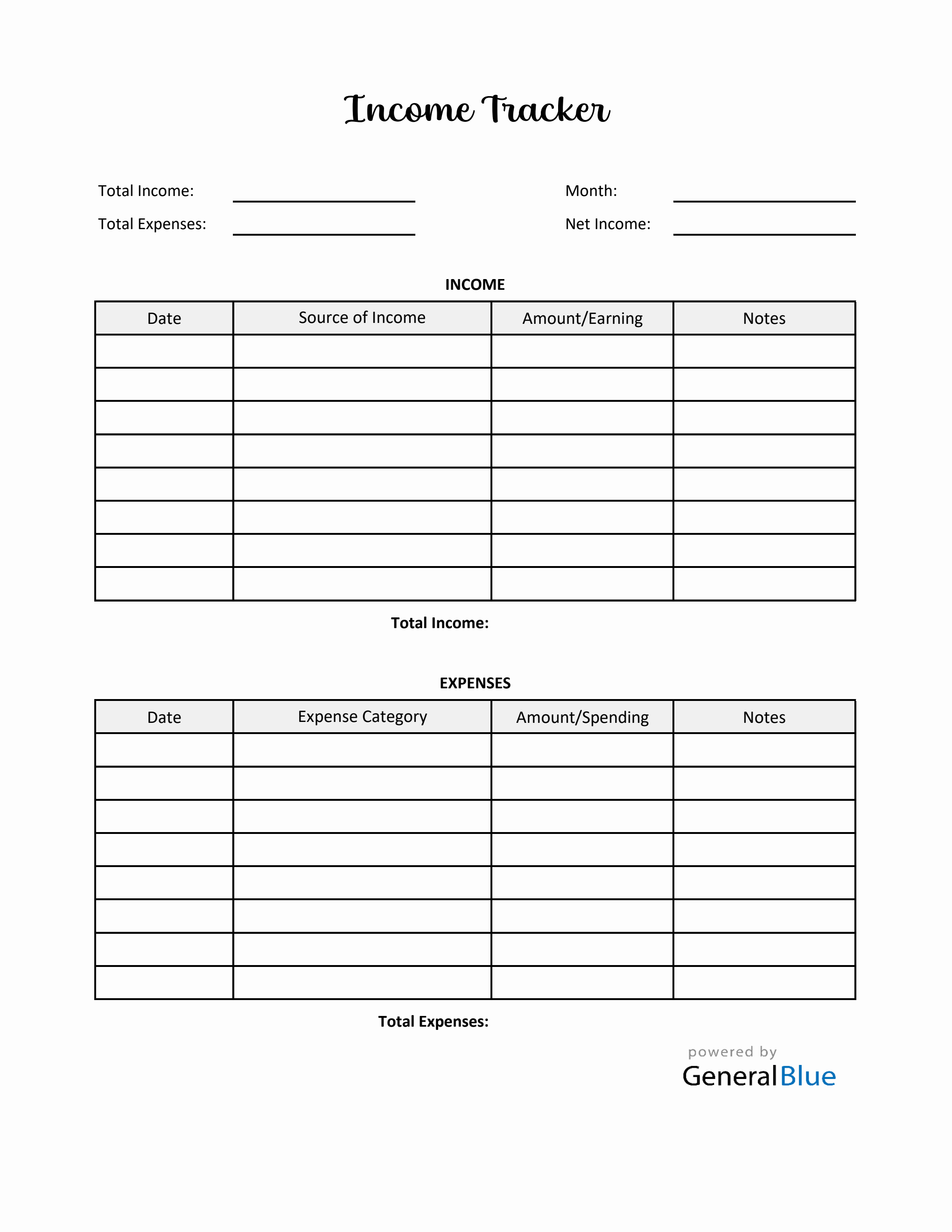 Printable Tracker in Excel