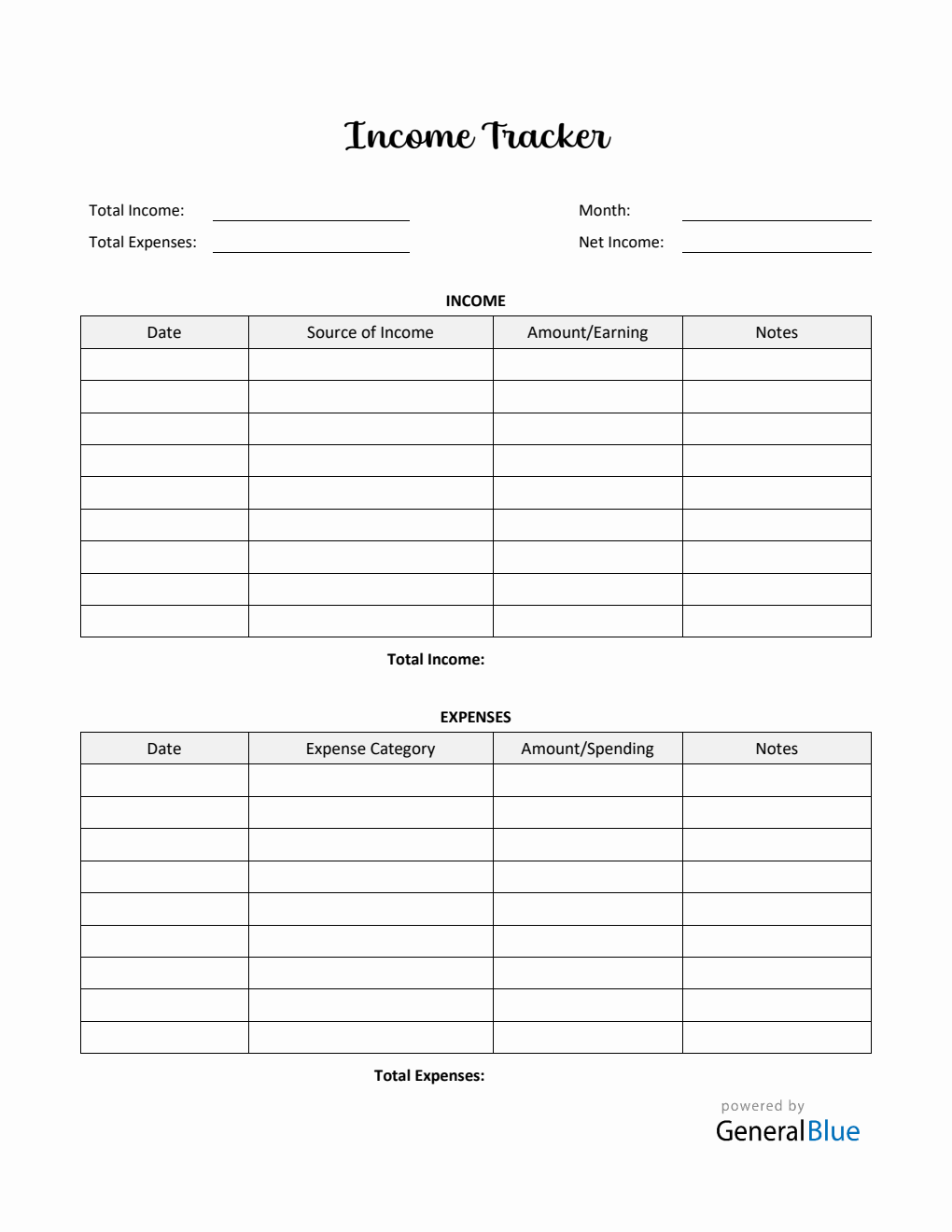 Printable Income Tracker in Word