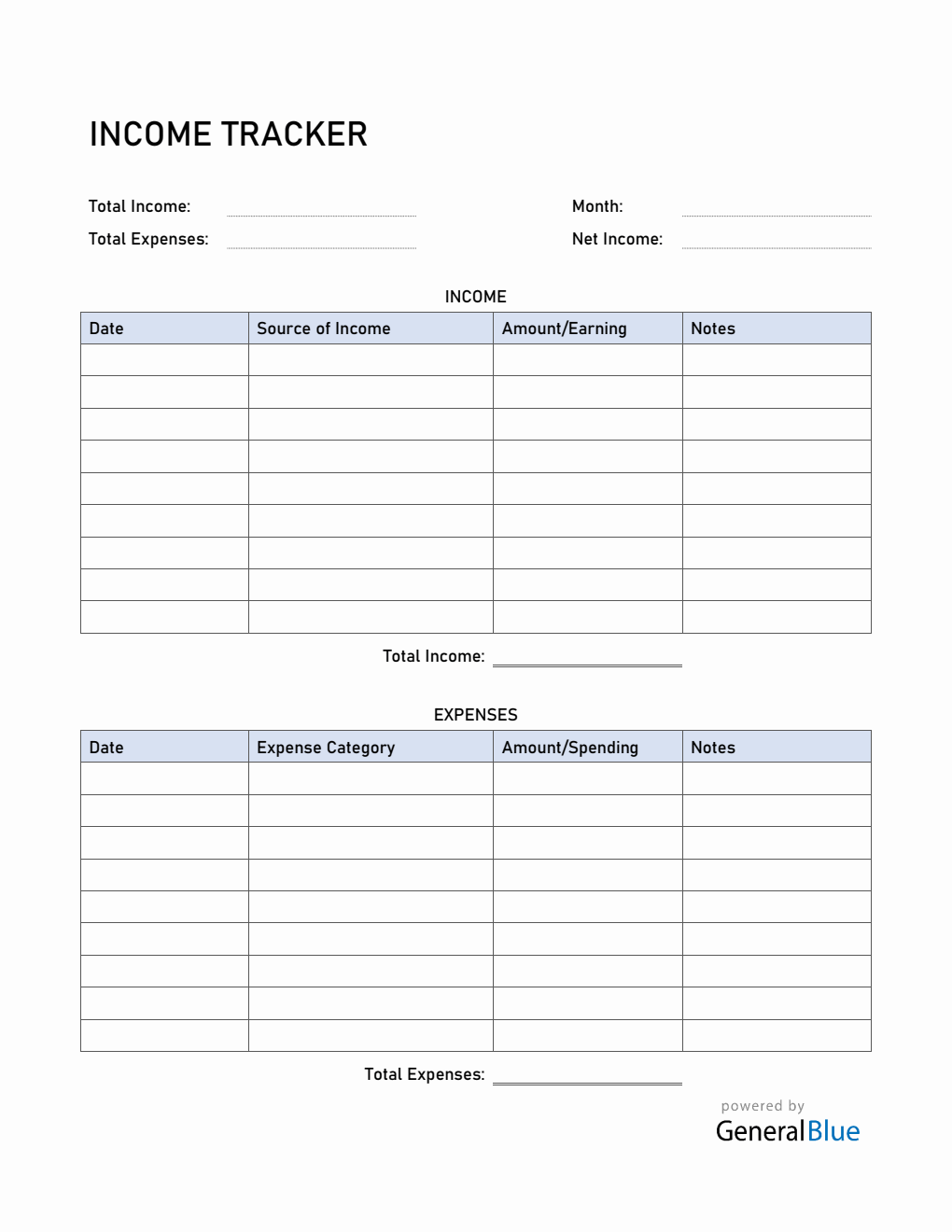 Simple Income Tracker in PDF