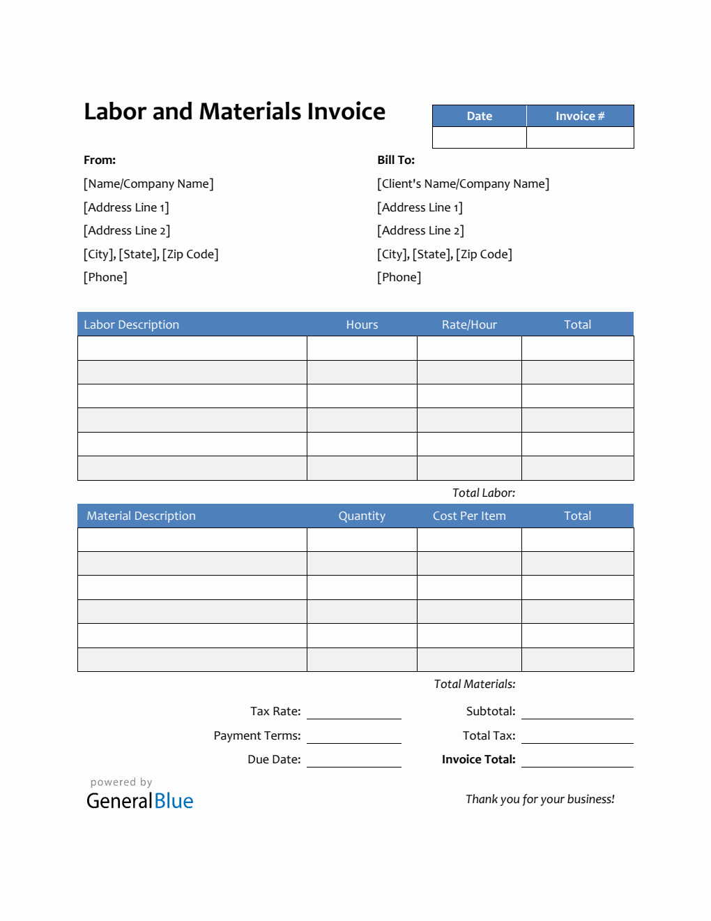 Labor and Materials Invoice in Word (Striped)