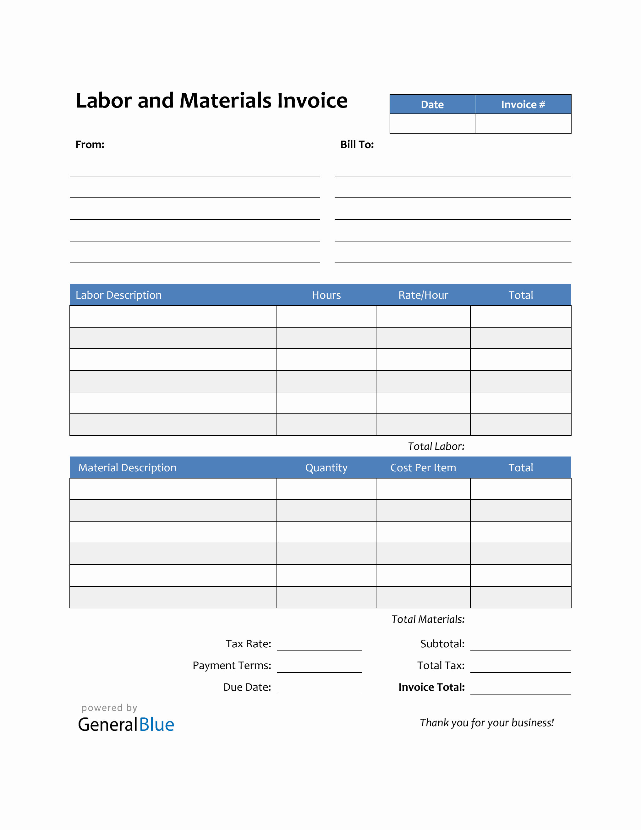 Labor and Materials Invoice in PDF (Striped) Inside Labor Invoice Template Word