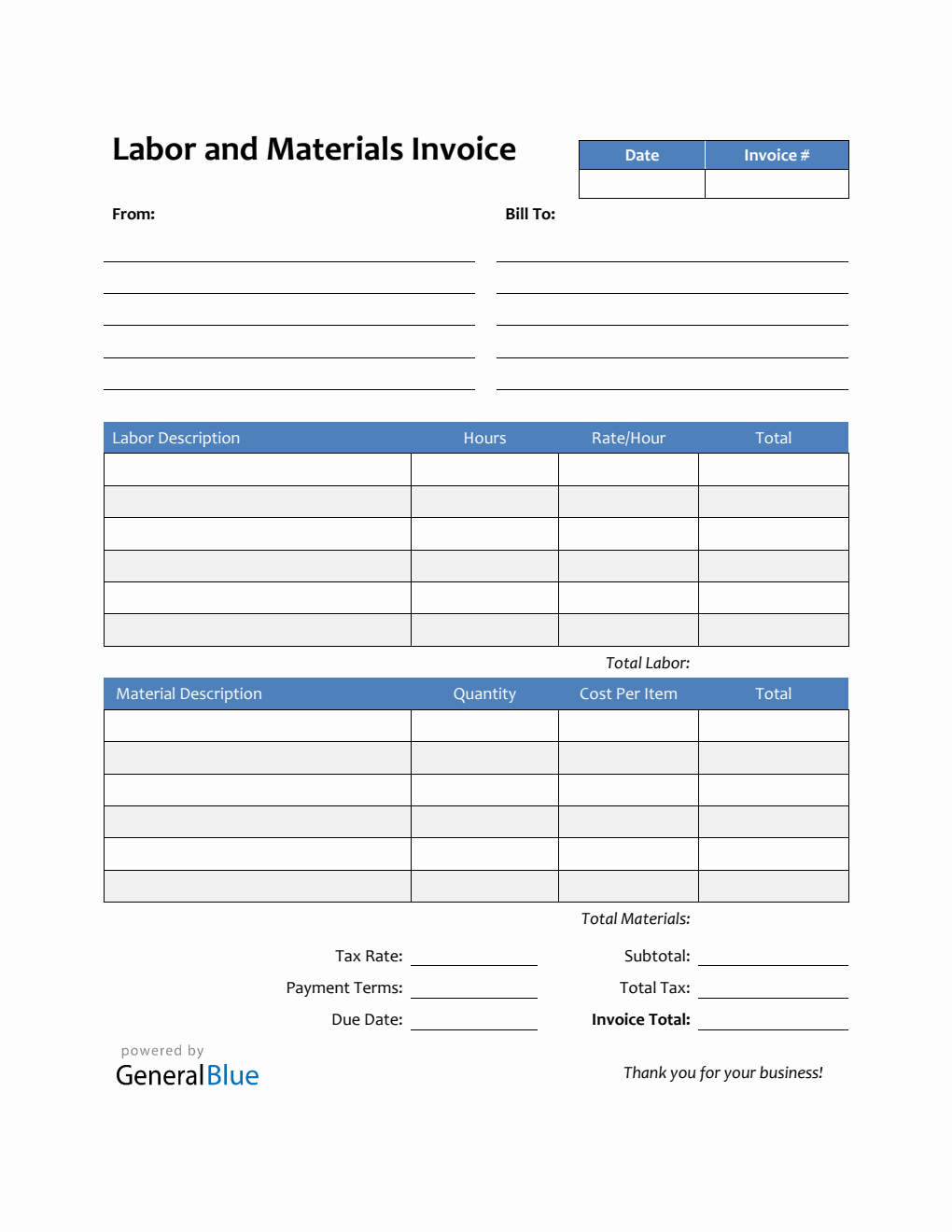 Labor and Materials Invoice in PDF (Striped)