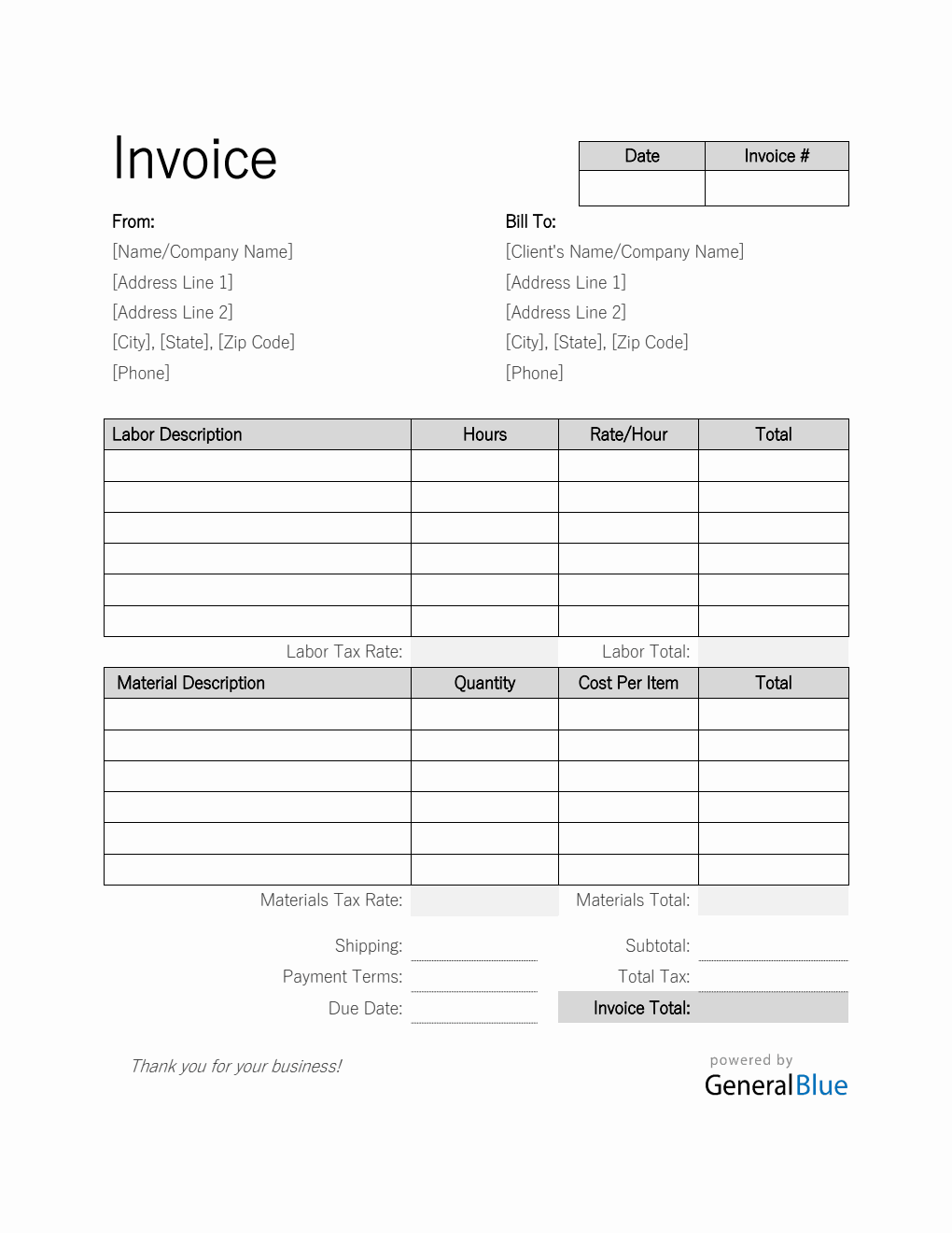 Labor and Materials Invoice in Word (Simple)