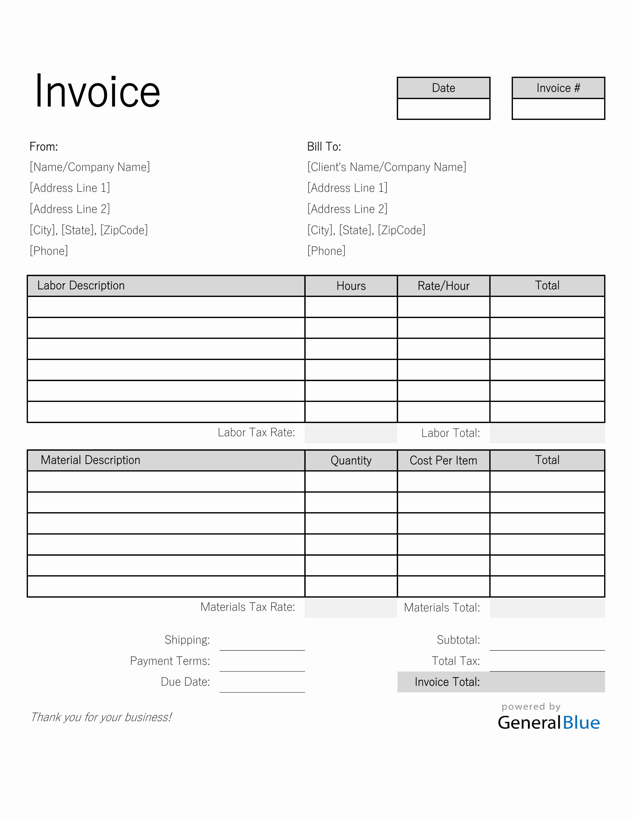 Labor and Materials Invoice in Excel (Simple) Regarding Parts And Labor Invoice Template Free